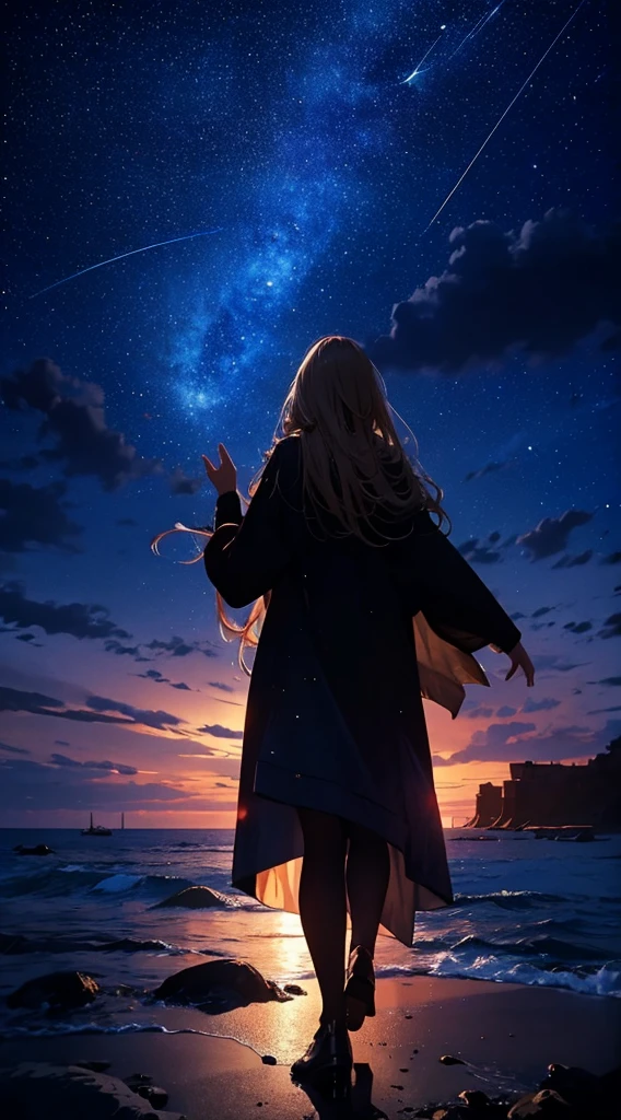 1people々々々々々々々々々々々,Blonde long-haired woman,Long coat, Dress Silhouette, Rear View,A shooting star falls into my raised hand,Space Sky, The boundary between sea and space,