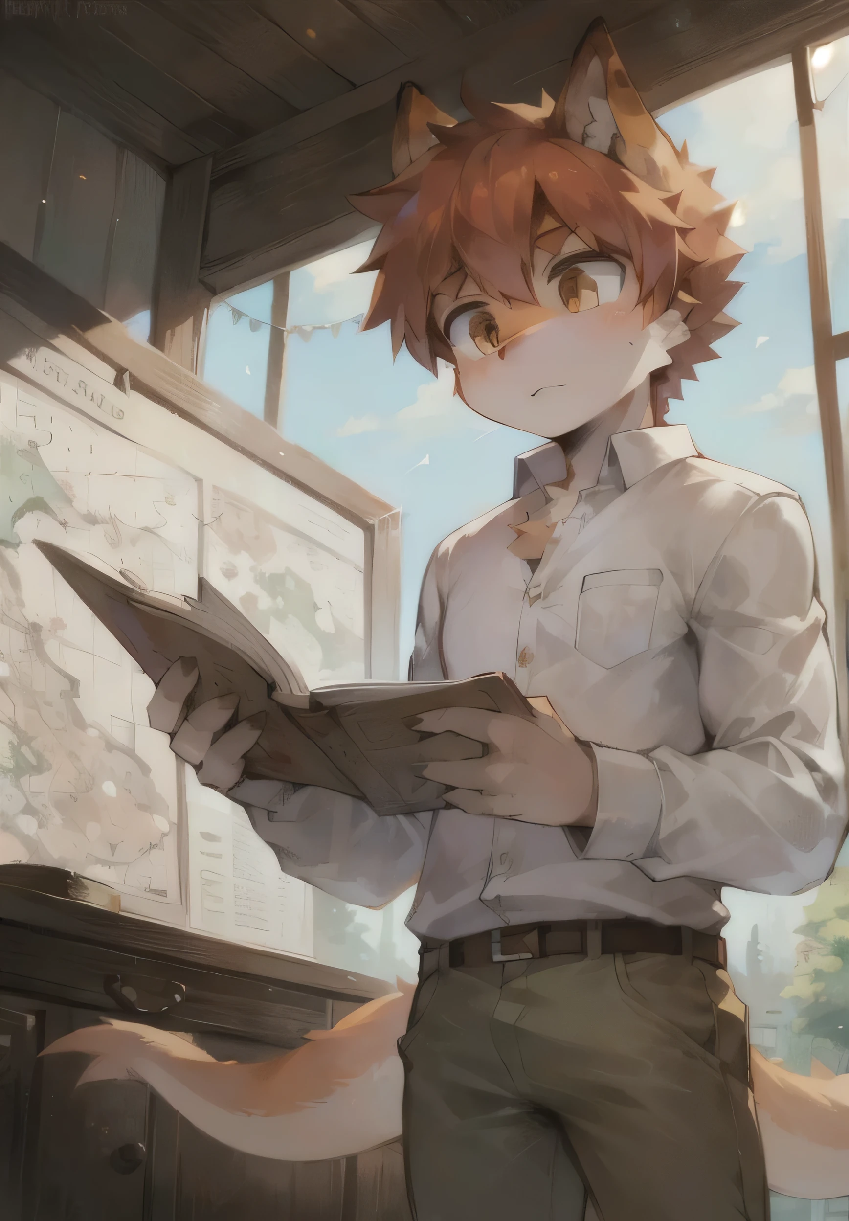 Cute dragon,Orange hair,hairy,Brown hair,White clothes,Khaki pants,Map in hand,Look down at the map