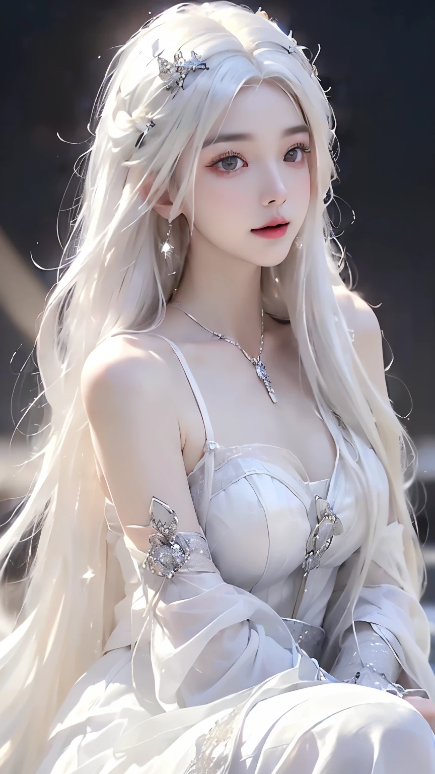 (((From the knee up)), Night view, Stella, (((masterpiece:1.5, detailed:1.4)),A girl from above、Backlight, A fantastic atmosphere envelopes the ancient city as the sun sets。At the center of this magical moment is a woman、(White Hair Girl:1.5)and、Her glorious hair、(Backlight)A waterfall of sparkling white threads flows down below.。It exudes a mysterious charm、Suspended particles bloom in the surrounding air、Her beautiful、(Beautiful white and shining skin:1.3)Casts a mysterious glow on。the((A dress as black as the night sky))It is beautiful and decorated、The exposed shoulders give it a feminine look.