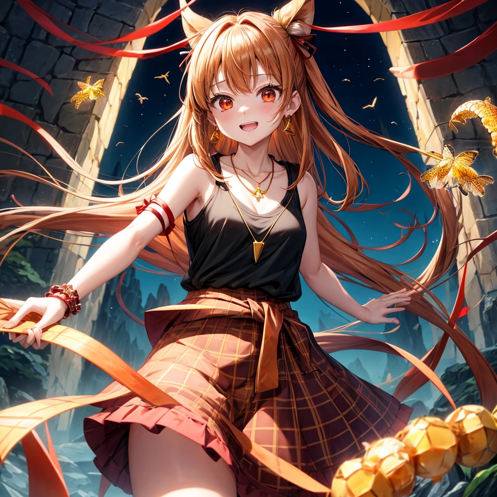 Brown, red, gold, golden hair、Red eyes、One good looking girl、solo、anime、Checkered mini skirt、Black camisole、Black T-shirt、hoodie、Wearing a ribbon、Ribbon on waist、Crystal Earrings、Gemstone Necklace、Light and shadow、Tilting face、Teeth are visible、waterfall、Kuroko、tunnel、pylon、Sunset sky、Towering、frilled lizard、light、flash、Barrel、honeycomb、Wife