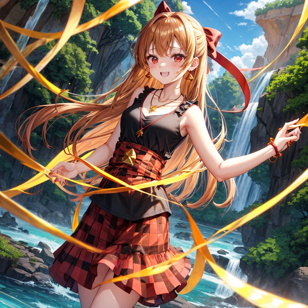 Brown, red, gold, golden hair、Red eyes、One good looking girl、solo、anime、Checkered mini skirt、Black camisole、Black T-shirt、hoodie、Wearing a ribbon、Ribbon on waist、Crystal Earrings、Gemstone Necklace、Light and shadow、Tilting face、Teeth are visible、waterfall、Kuroko、tunnel、pylon、Sunset sky、Towering、frilled lizard、light、flash、Barrel、honeycomb、Wife