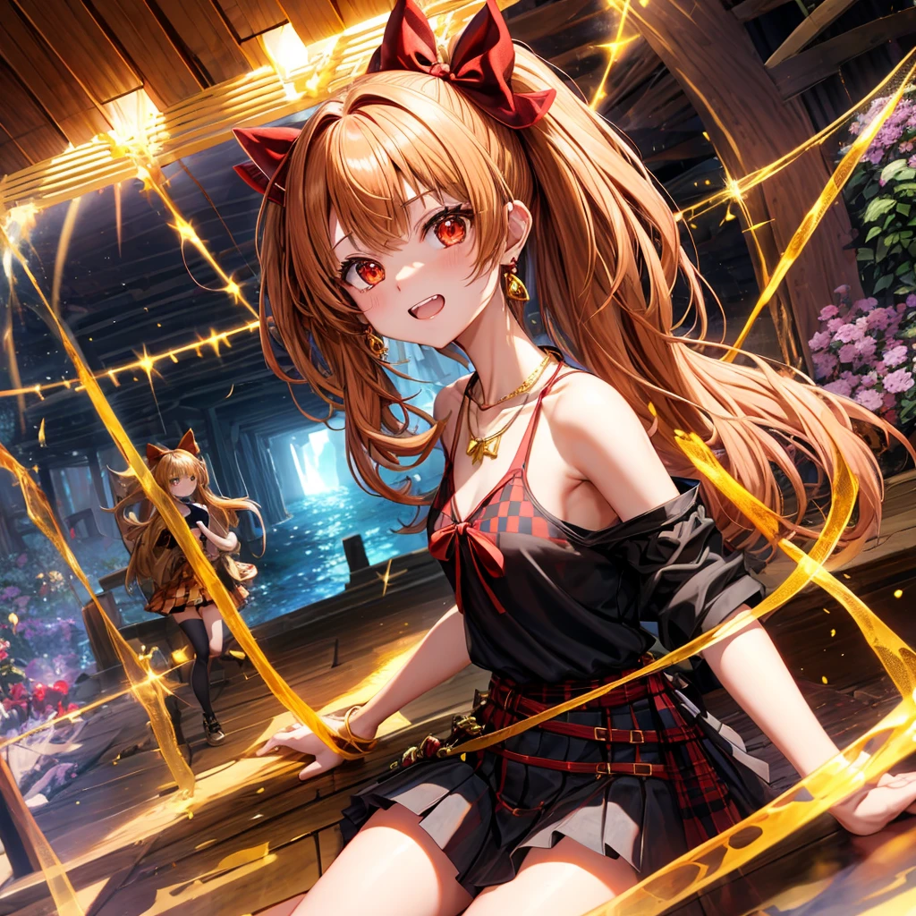 Brown, red, gold, golden hair、Red eyes、One good looking girl、solo、anime、Checkered mini skirt、Black camisole、Black T-shirt、hoodie、Wearing a ribbon、Ribbon on waist、Crystal Earrings、Gemstone Necklace、Light and shadow、Tilting face、Teeth are visible、waterfall、Kuroko、tunnel、pylon、Sunset sky、Towering、frilled lizard、light、flash、Barrel、honeycomb、Wife