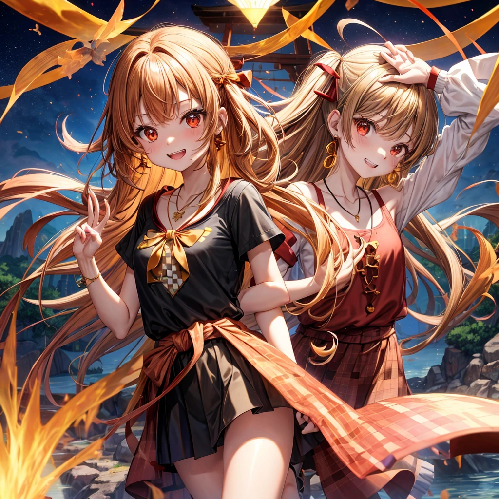 Brown, red, gold, golden hair、Red eyes、One good looking girl、solo、anime、Checkered mini skirt、Black camisole、Black T-shirt、hoodie、Wearing a ribbon、Ribbon on waist、Crystal Earrings、Gemstone Necklace、Light and shadow、Tilting face、Teeth are visible、waterfall、Kuroko、tunnel、pylon、Sunset sky、Towering、frilled lizard、light、flash、Barrel、honeycomb、Wife