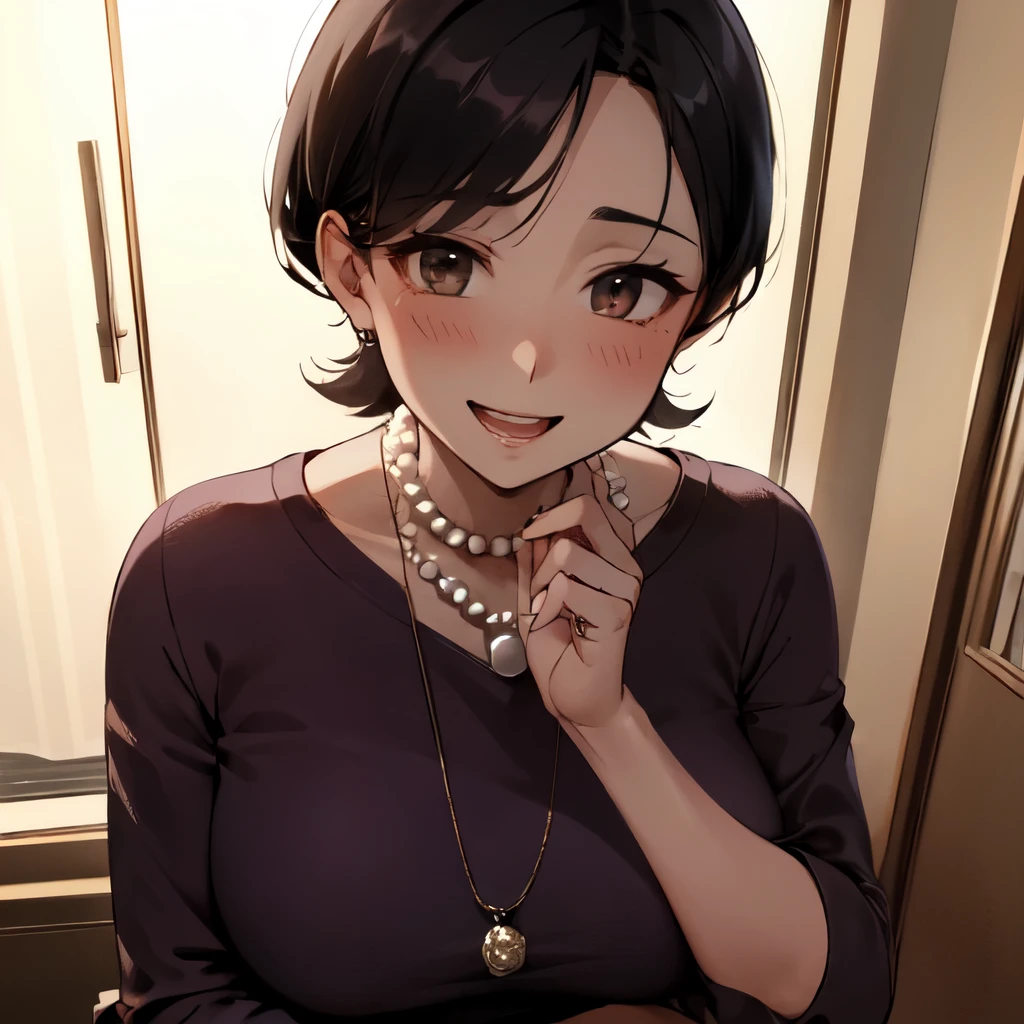 Granny、Purple gorgeous clothes、Permed brown short hair、Big rings、Pearl Necklace、A happy face、Dark hotel room background scenery