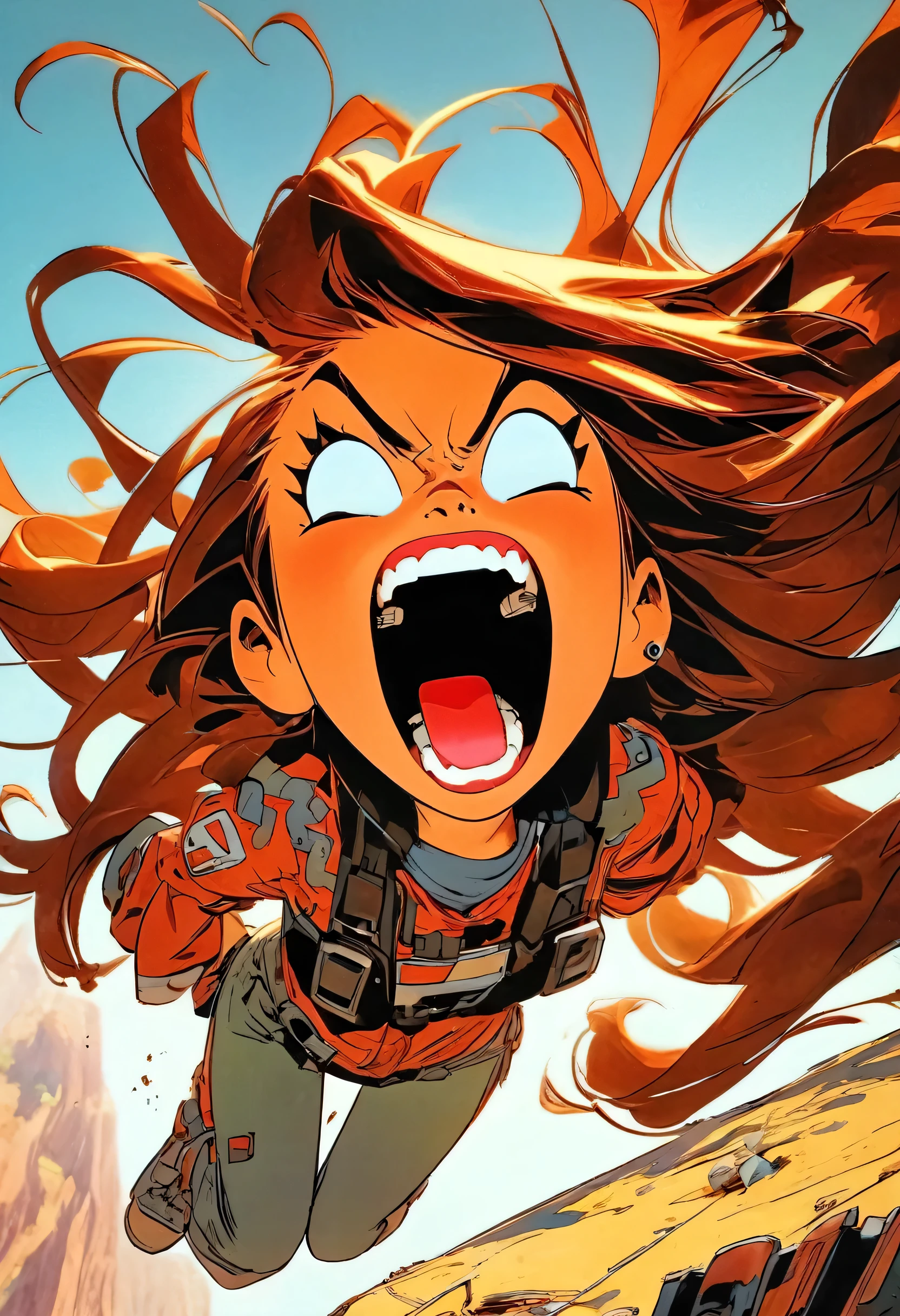 A girl laments the end of her holidays、Open your mouth, alone, shining tears, Machinery Parts, Long Hair, teeth, Shining eyes, Floating Hair, Android, cable, One girl, Comical face、SF, tongue, Slope, Slope background, Upper Body, sharp teeth