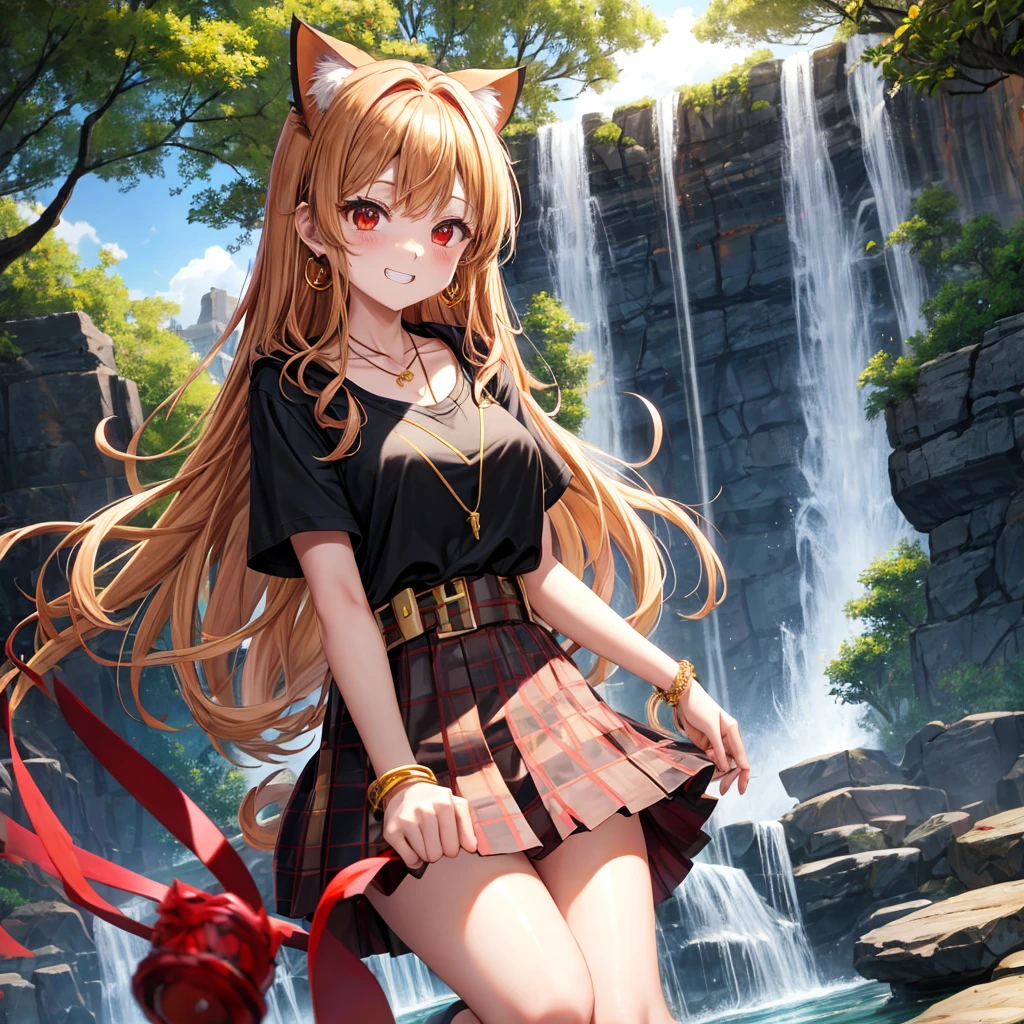 Brown, red, gold, golden hair、Red eyes、One good looking girl、solo、anime、Checkered mini skirt、Black camisole、Black T-shirt、hoodie、Wearing a ribbon、Ribbon on waist、Crystal Earrings、Gemstone Necklace、Light and shadow、Tilting face、Teeth are visible、waterfall、Kuroko、tunnel、pylon、Sunset sky、Towering、frilled lizard、light、flash、Barrel、honeycomb、Wife
