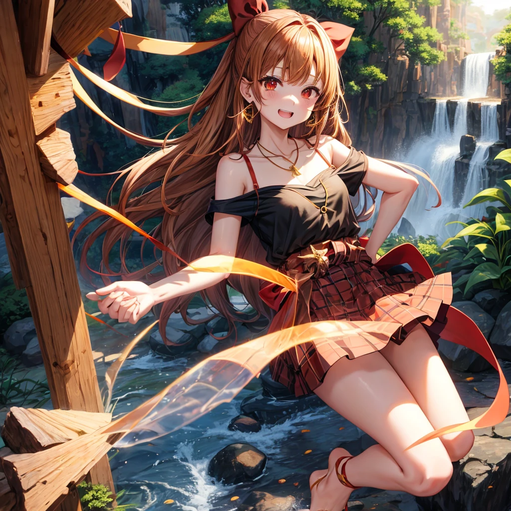 Brown, red, gold, golden hair、Red eyes、One good looking girl、solo、anime、Checkered mini skirt、Black camisole、Black T-shirt、hoodie、Wearing a ribbon、Ribbon on waist、Crystal Earrings、Gemstone Necklace、Light and shadow、Tilting face、Teeth are visible、waterfall、Kuroko、tunnel、pylon、Sunset sky、Towering、frilled lizard、light、flash、Barrel、honeycomb、Wife