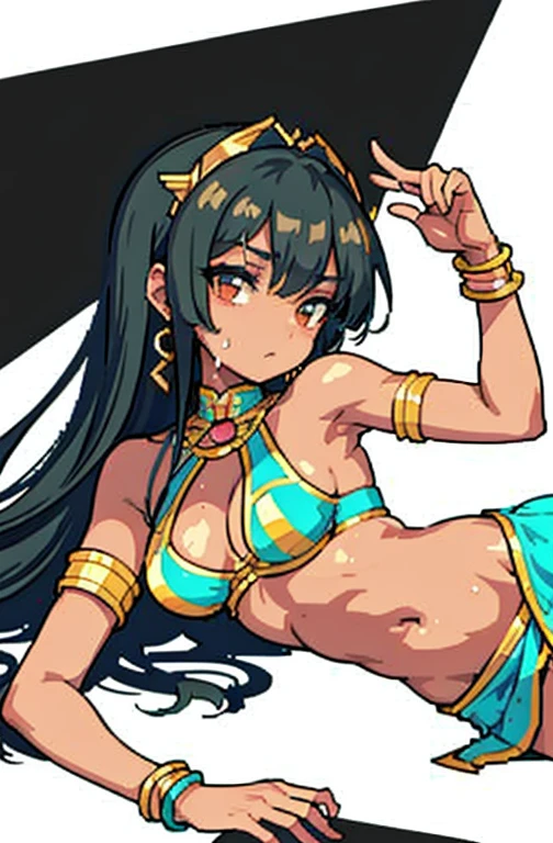 (masterpiece, top quality, best quality), pixel art, brown skinned anime Cleopatra wearing a bikini top and a long detailed skirt, famished in hunger, (gently resting hands on stomach), (sweating), (lying down), (long black hair), (hands on stomach)