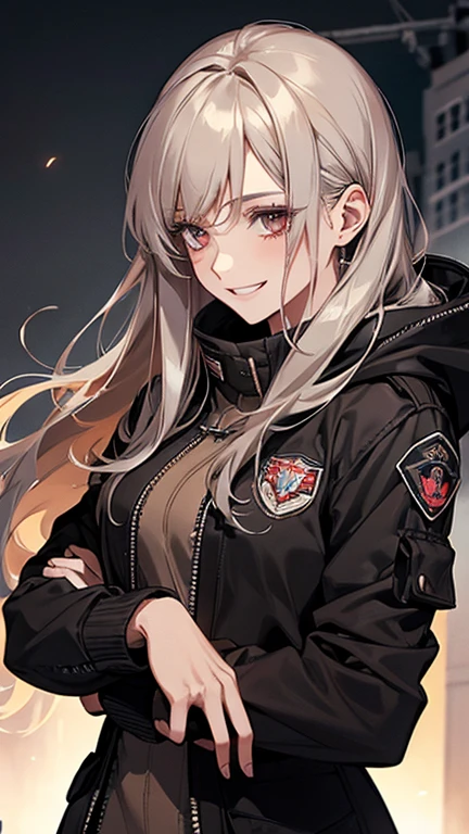 (high quality,chaotic,Very detailed,detailed:1.1,ultra-detailed,best quality:1.2),Silver hair,Ear-length hair,Reddish brown eyes,Black pilot uniform,boots,Small breasts,Wearing a hood,Black Bomber Jacket with Hood,25 years old,Beautiful women,Mature women,A gentle and decent smile
,Light,peaceful,calm,Shy smile