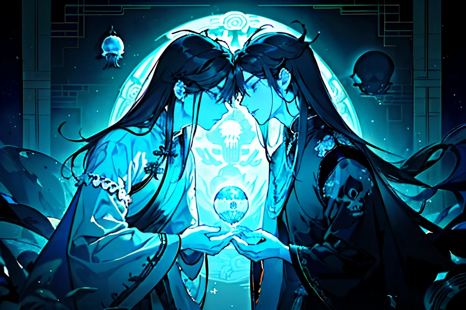(Two young men around 20 years old:1.25),((Tears flowing:1.25)),((ancient chinese style long-sleeved costume:1.2)),(Long Hair:1.5),(A mysterious atmosphere of black magic),(A space covered in mist:1.2),((Mysterious Skull Crystal Ball:1.3)),(Green and blue and grey),Illuminated flowers々,(corpse:1.3),(soul:1.3),(kiss:1.4)