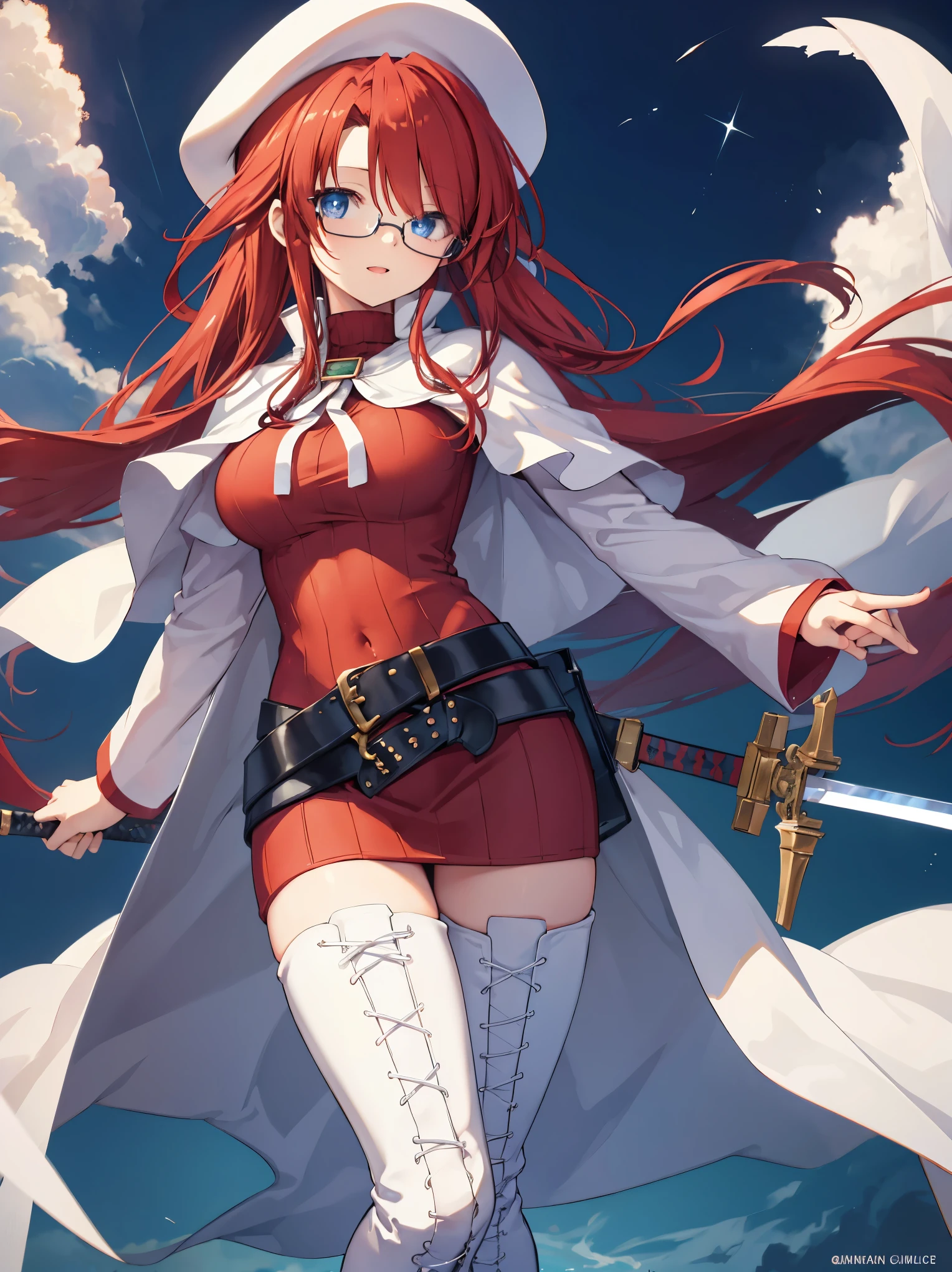 summonnightaty, aty, long hair, blue eyes, red hair, beret, hat, glasses,
BREAK long hair, thighhighs, hat, dress, boots, glasses, belt, cape, sweater, zettai ryouiki, beret, thigh boots, white footwear, ribbed sweater, loose belt,solo,
BREAK outdoors, fantasy,on_a_ship,
BREAK (masterpiece:1.2), best quality, high resolution, unity 8k wallpaper, (illustration:0.8), (beautiful detailed eyes:1.6), extremely detailed face, perfect lighting, extremely detailed CG, (perfect hands, perfect anatomy),covered_nipples,covered_navel,light_smile ,(half_eyes:1.4),long_sword,edge,armpit,sleepy,dynamic_standing,red_sweater,apart_legs,magical_effect,pulmp,big_tits,light_open_mouth,prepare_a_sword