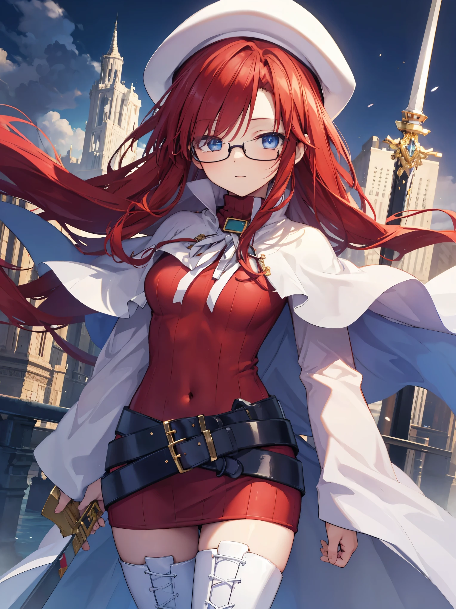 summonnightaty, aty, long hair, blue eyes, red hair, beret, hat, glasses,
BREAK long hair, thighhighs, hat, dress, boots, glasses, belt, cape, sweater, zettai ryouiki, beret, thigh boots, white footwear, ribbed sweater, loose belt,solo,
BREAK outdoors, fantasy,on_a_ship,
BREAK (masterpiece:1.2), best quality, high resolution, unity 8k wallpaper, (illustration:0.8), (beautiful detailed eyes:1.6), extremely detailed face, perfect lighting, extremely detailed CG, (perfect hands, perfect anatomy),covered_nipples,covered_navel,light_smile ,(half_eyes:1.4),long_sword,edge,armpit,sleepy,dynamic_standing,red_sweater,apart_legs,magical_effect,pulmp,big_tits,light_open_mouth,prepare_a_sword