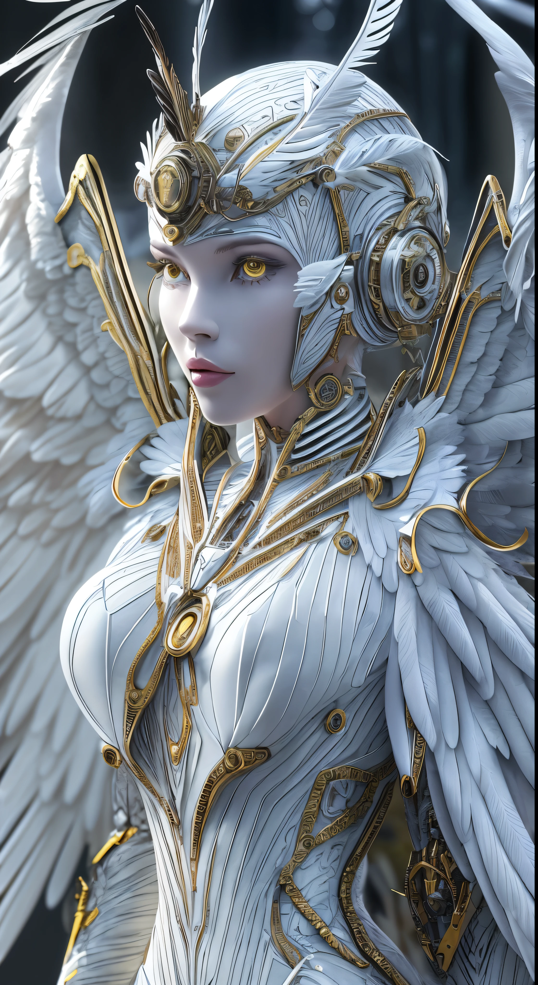 Close-up of a woman in a white dress with wings, Angel all over, Futuristic robot angel, Amazing angel wings, Angel Knight Gothic Girl, Angel in plastic armor, Intricate costume design, As the mysterious Valkyrie, Its whole body is made of white feathers,, Futuristic and fantastical, White Wings, Beautiful angel wings, Steampunk Angel, Beautiful cyborg angel girl, Graceful Wings