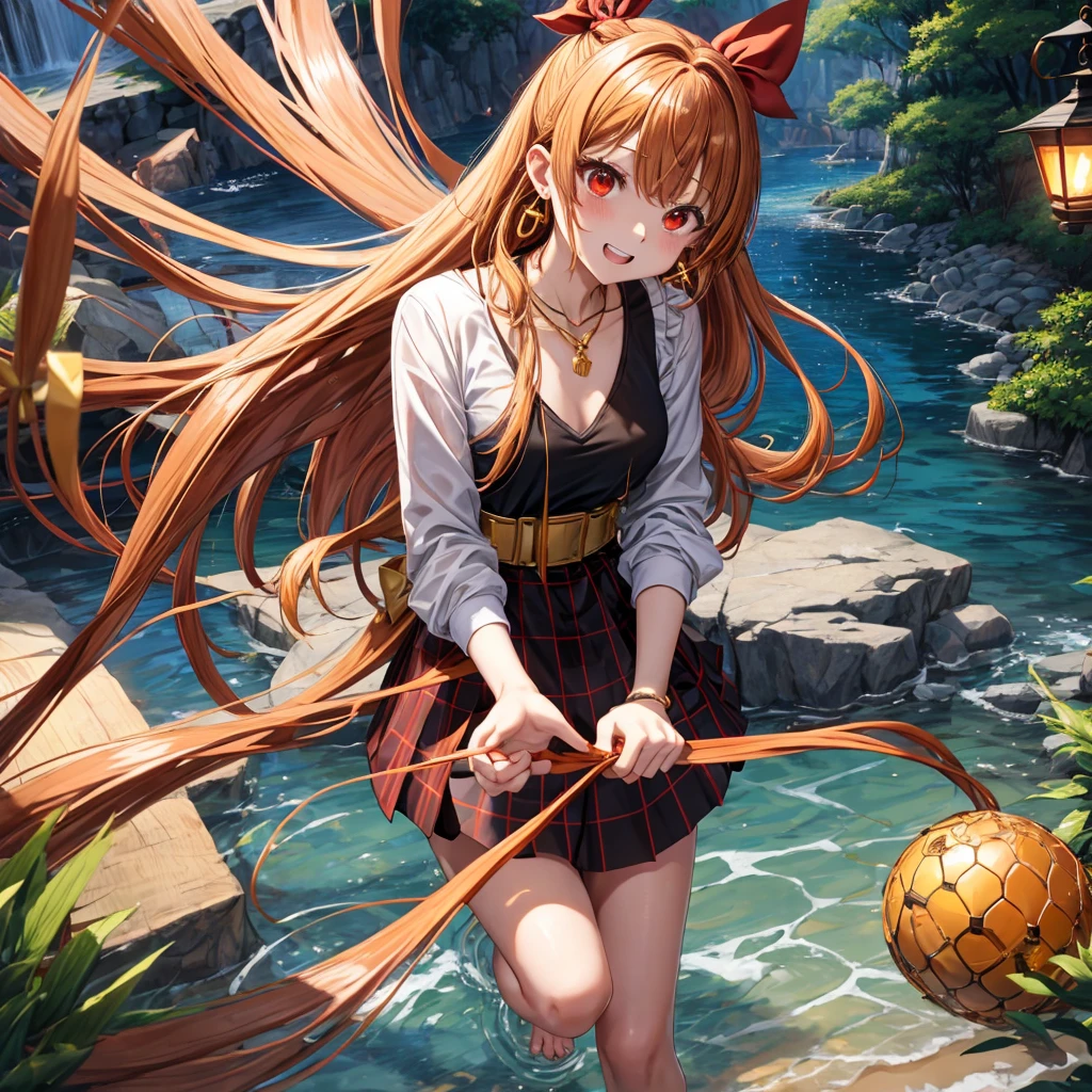 Brown, red, gold, golden hair、Red eyes、One good looking girl、solo、anime、Checkered mini skirt、Black camisole、Black T-shirt、hoodie、Wearing a ribbon、Ribbon on waist、Crystal Earrings、Gemstone Necklace、Light and shadow、Tilting face、Teeth are visible、waterfall、Kuroko、tunnel、pylon、Sunset sky、Towering、frilled lizard、light、flash、Barrel、honeycomb、Wife