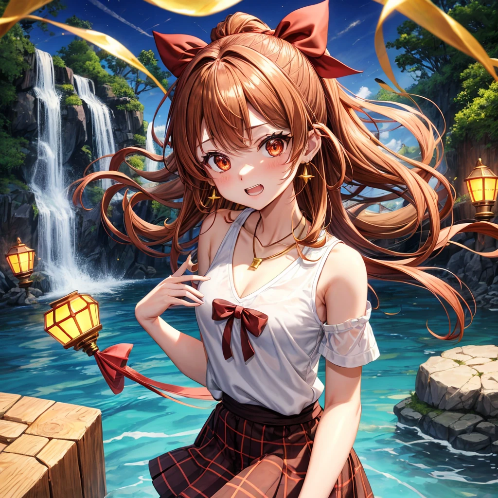 Brown, red, gold, golden hair、Red eyes、One good looking girl、solo、anime、Checkered mini skirt、Black camisole、Black T-shirt、hoodie、Wearing a ribbon、Ribbon on waist、Crystal Earrings、Gemstone Necklace、Light and shadow、Tilting face、Teeth are visible、waterfall、Kuroko、tunnel、pylon、Sunset sky、Towering、frilled lizard、light、flash、Barrel、honeycomb、Wife