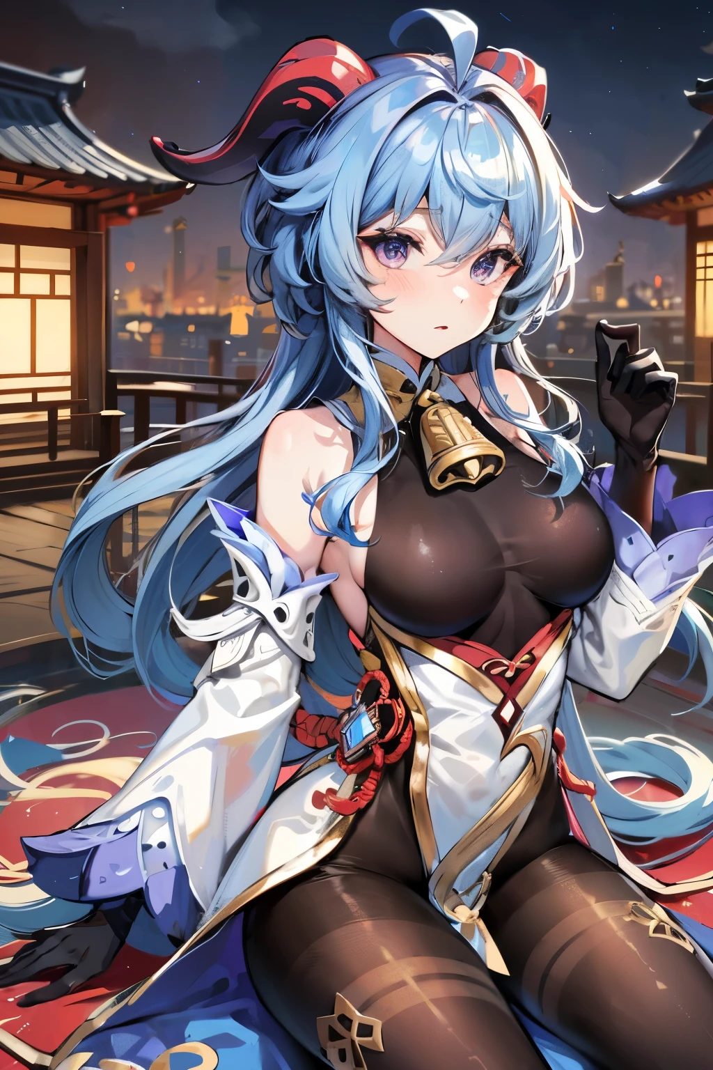 Hired\(Genshin Impact\), One girl, Ahoge, architecture, bangs, Exposing shoulders, Bell, black Glovess, black tights, ((Blue Hair), blush, , Chinese knot, sleeve, East Asian architecture, Flower knot, Gloves, Horn, Long Hair, Looking at the audience, 囲中, neckBell, night, Outdoor, pantyhose, Purple eyes, Sideburns, alone, Tassel, white sleeves, ((masterpiece)),80 denier tights
