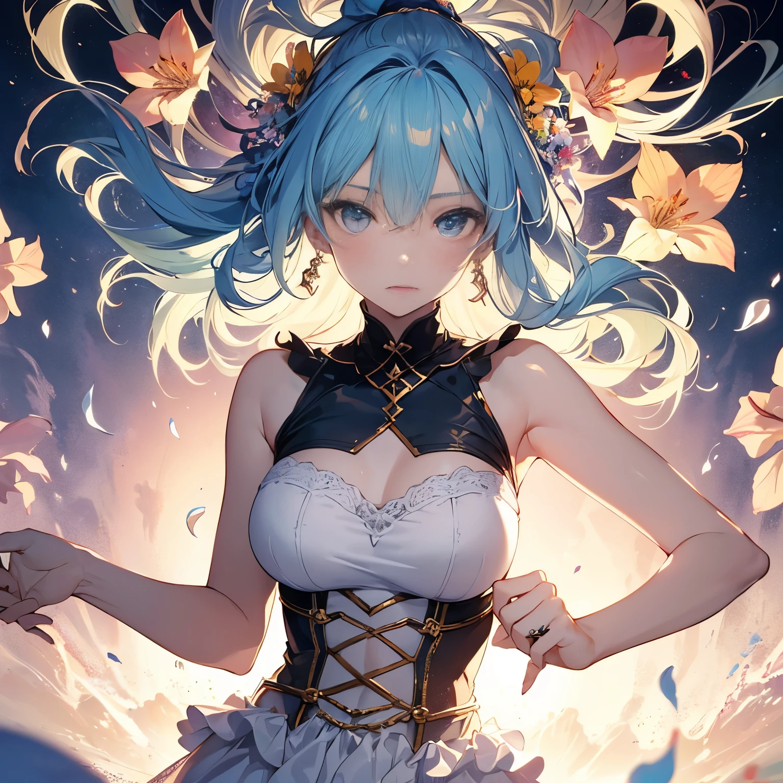 (masterpiece), (highest quality), (Super detailed),(Disheveled Hair),(figure), (One girl), (Fashionable clothes), Are standing, Fashion Model, View your viewers, (interview), (Simple Background),Beautiful fine details, Delicate and beautiful face, floating,(High saturation),(Colorful splashes),Colorful bubbles,(The Shining), Focus on the face, ponytail, kamisato ayaka, Light blue hair, bangs, Hair Ring, Floating Flowers, Floating hair, (The Shining), Best lighting, Best Shadow,Huge Breasts