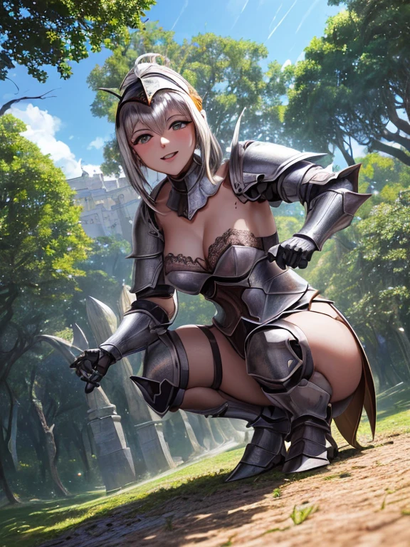 (BelleWaifu:1), (armadura de cavaleiro:1.5), the jardim in the background, Surpreso, Bonitinho, Bonitinho pose, (flertando), Olhando para o visualizador, (penteado quadrado), (cabelo roxo), (knight metal bra:1.2), :D, (realista: 1), (desenho animado), (obra de arte: 1.2), (melhor qualidade), (excessivamente detalhado), (8k, 4K, intricado), (foto completa: 1), (tiro de vaqueiro: 1.2), (85mm), light particles, lighting, (Muito detalhado: 1.2), (rosto detalhado: 1), (gradientes), sfw, Colorida, (olhos detalhados: 1.2), (paisagem detalhada, trees, jardim, castelo:1.2),(fundo detalhado), paisagem detalhada, (dynamic angle:1.2), (dynamic pose:1.2), (Regra Terceira_composition:1.3), (Line of action:1.2), wide sight, Luz do dia, Sozinho