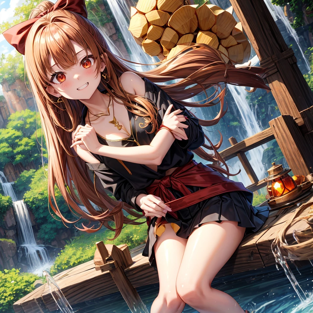 Brown, red, gold, golden hair、Red eyes、One good looking girl、solo、anime、Checkered mini skirt、Black camisole、Black T-shirt、hoodie、Wearing a ribbon、Ribbon on waist、Crystal Earrings、Gemstone Necklace、Light and shadow、Tilting face、Teeth are visible、waterfall、Kuroko、tunnel、pylon、Sunset sky、Towering、frilled lizard、light、flash、Barrel、honeycomb、Wife