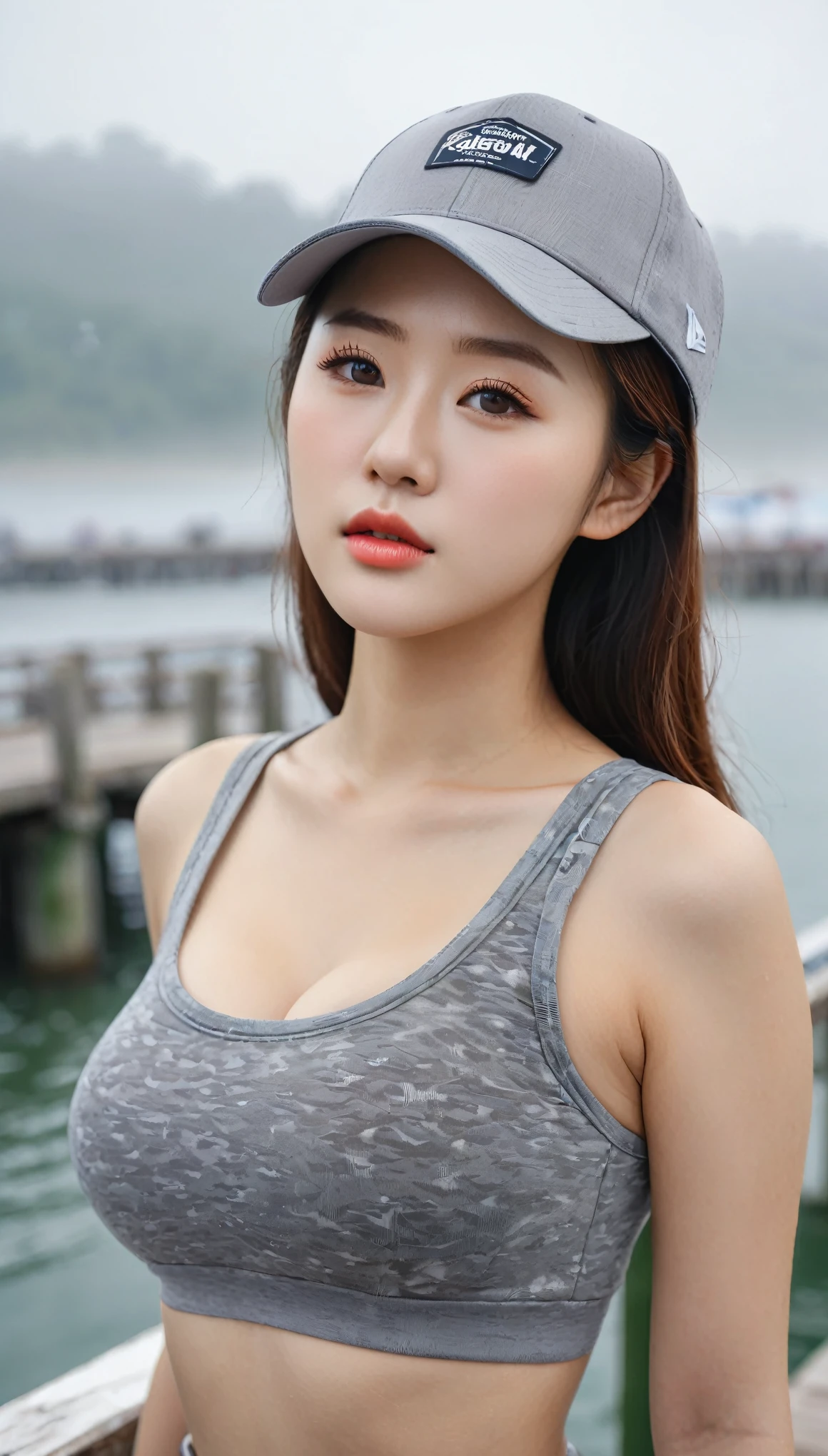 close-up of beautiful korean female, 34 inch breasts size, wearing gray crop top, cap, at the pier, foggy, bokeh background, UHD