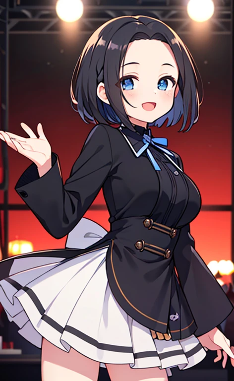 (masterpiece:1.4、top-quality、illustration:1.4,realistic、)、(character focus、breast focus,cowboy shot:1.3)、(1girl),(Open mouth happy smile:1.3),(half closed eyes),cute face,blue eyes、()、
,(stand:1.4),(Shining smile),
,(slender),(idol:1.3),(black short hair hair:1.6,forehead:1.3),(braid:1.3), (medium breasts:1.3)、stage
、slender、
