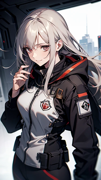 (Confused, High resolution, Very detailed), 1 female, Silver Hair,Long Hair,Reddish brown eyes,Black pilot suit,boots,Small breasts,,Wearing a hood,Black pilot coat,Age 25,Beautiful woman,Adult female,,thin,quiet,Calm,shy little smile