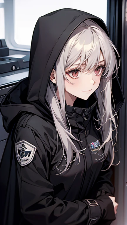 (Confused, High resolution, Very detailed), 1 female, Silver Hair,Long Hair,Reddish brown eyes,Black pilot suit,boots,Small breasts,,Wearing a hood,Black pilot coat,Age 25,Beautiful woman,Adult female,,thin,quiet,Calm,shy little smile
