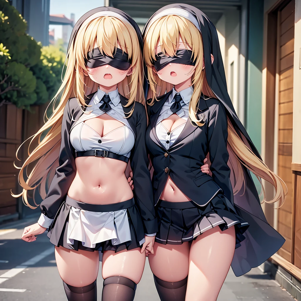 highest quality,wonderful,finely,extremely detailed CG Unity 8K wallpaper, (girl, very long hair, blonde, clothed), (nun :1.2), (small breasts), (cleavage cutout), (crop top navel:1.2), (open mouth:1.1), (long tongue:1.1), (mouth drool:1.1), (black stockings:1.1),(Thighs:1.2),(Waistline:1.2),(black blindfold, blindfold:1.5)