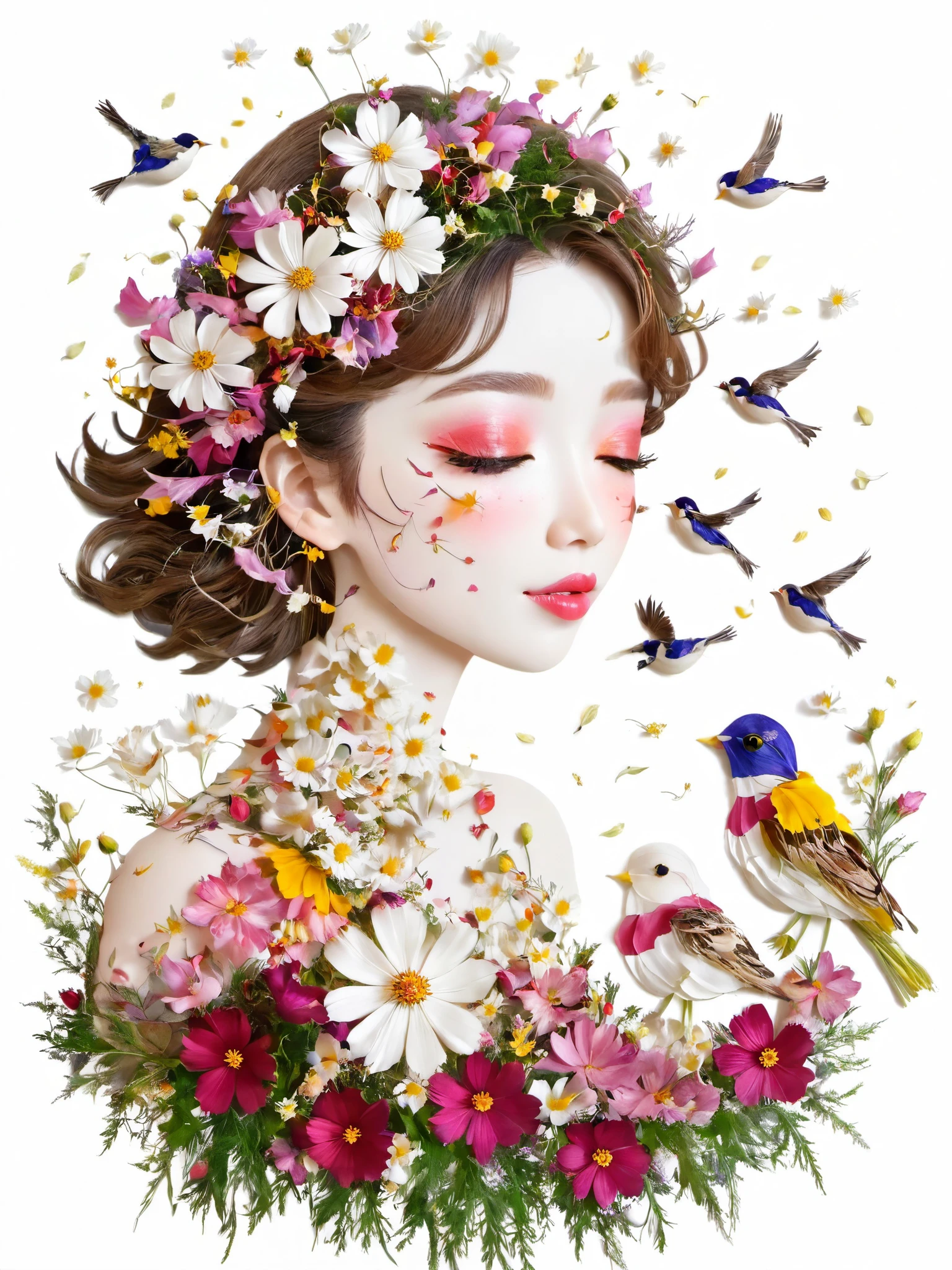 Fall Leaf Crafts, A girl made of flowers and birds, Cosmos flower、Small Birds、 Portraiture, White background、