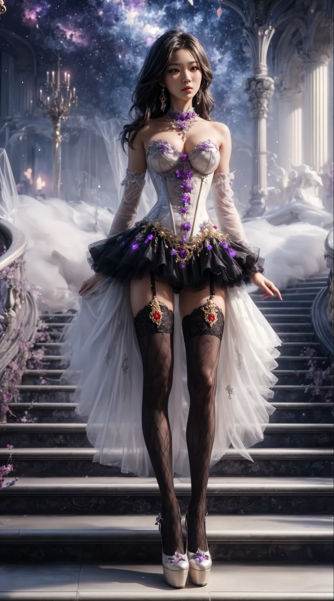 An asian woman with loose hair, standing on the stairs in the middle of a magical atmosphere, with a predominantly white and black costume, a strapless corset-style dress decorated with bright purple jewels, a short tutu skirt, black thigh-high stockings with lace tops and ornaments purple jewels, white high heels with gold decoration, grand staircase background under mysterious sky full of stars and celestial bodies, hyper realistic, hyperdetailTransparent clothing, masterpiece, best quality:1.2),,(8k,highres,RAW photo,realistic,photo-realistic:1.3),(detailed skin texture,detailed cloth texture,detailed flame texture, beautiful detailed face:1.25),professional lighting,photon mapping,beautiful soft light,radiosity,physically-based rendering,raytracing, model shoot style, model shoot style, (extremely detailed CG unity 8k wallpaper), full shot body photo of the most beautiful artwork in the world (NSFW), (Nude), (Naked), (Nipple)