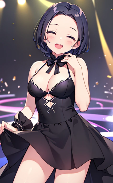 (masterpiece:1.4、top-quality、illustration:1.4,realistic、)、(character focus、breast focus,cowboy shot:1.3)、(1girl),(Open mouth happy smile:1.3),(half closed eyes),cute face,blue eyes、()、
,(stand:1.4),(Shining smile),
,(slender),(idol:1.3),(black short hair hair:1.6,forehead:1.3),(braid:1.3), (medium breasts:1.3)、stage
、slender、