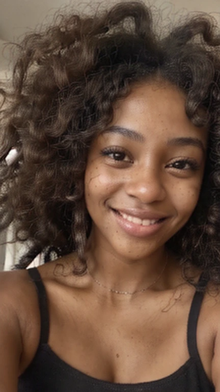 iPhone selfie of an African-American girl, 20 years old, on a discord video call, Voluminous curly hair, warm brown eyes, long dark eyelashes, rounded face, soft features, warm complexion, infectious smile, horny vibes, black crop top