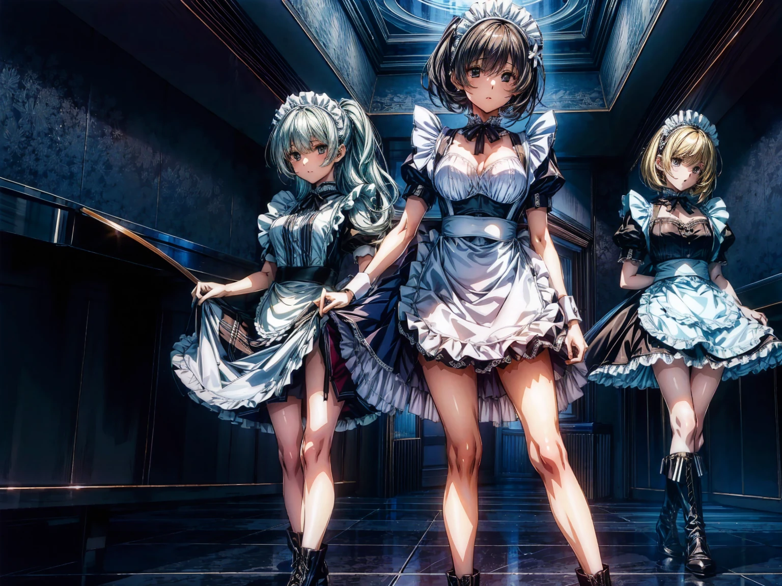 (Perfect Anatomy:1.2, highest quality),(Maid leotard details:1.6),(4Girls),Long Hair:1.5, (Short sleeve, Thighs,Maid Cufflinks),,Hypno Lola, Hollow Eyes,High heel lace-up boots, (Without skirt:3.0),Dark aura,(Leotrad),,From below,love for viewers,Look down,
