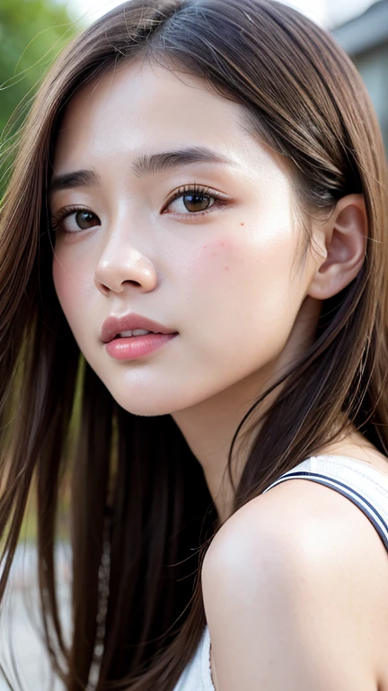 With the alleys of Kyoto in the background、18-year-old girl、independent、Look forward、Light eye makeup、Brown Hair Color、flat 、Hair blowing in the wind、Quality of actress、Shiny, Ultra-realistic faces、smileの表情、Watery eyes、look up、Soothing lighting effects、 Ultra-Realistic Capture、Very detailed、High resolution 16k human skin closeup。Skin texture must be natural、Must be so detailed that pores are visible、skin is healthy、Must be of uniform tone、Use natural light and color、High quality photos taken by modeling agencies'Exclusive photographer、smile