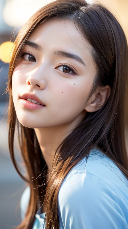 With the alleys of Kyoto in the background、18-year-old girl、independent、Look forward、Light eye makeup、Brown Hair Color、flat 、Hair blowing in the wind、Quality of actress、Shiny, Ultra-realistic faces、smileの表情、Watery eyes、look up、Soothing lighting effects、 Ultra-Realistic Capture、Very detailed、High resolution 16k human skin closeup。Skin texture must be natural、Must be so detailed that pores are visible、skin is healthy、Must be of uniform tone、Use natural light and color、High quality photos taken by modeling agencies&#39;Exclusive photographer、smile