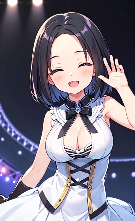 (masterpiece:1.4、top-quality、illustration:1.4,realistic、)、(character focus、breast focus,cowboy shot:1.3)、(1girl),(Open mouth happy smile:1.3),(half closed eyes),cute face,blue eyes、()、
,(stand:1.4),(Shining smile),
,(slender),(idol:1.3),(black short hair hair:1.6,forehead:1.3),(), (medium breasts:1.3)、stage
、slender、