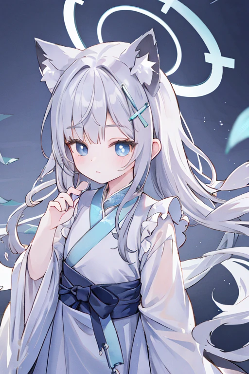 shiroko_bluearchive,beast ears,(masterpiece,Best quality:1.2),Implications,absurd,high resolution,Very detailed,1 little girl,Hanfu,straight dress,Fluffy short sleeves,Frills,appearance,flowering,fluttering petals,Upper part of the body,(moon:1.2),night,Depth of Field,(:morality:0.8),looking at the sky, the background is a beach under the sky that is full of stars