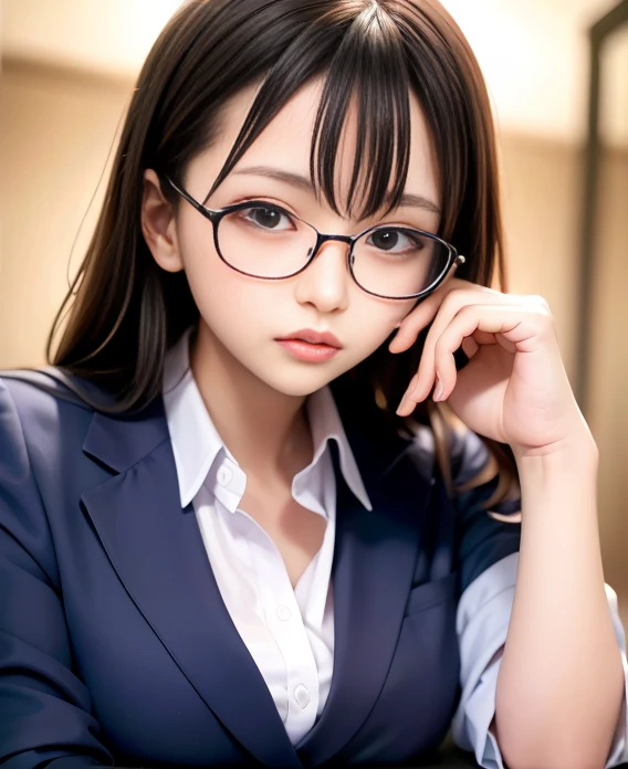 A dark-haired　eye glasses　Mini Uniform　chairman　Looks like it's going to tear　female high-school student