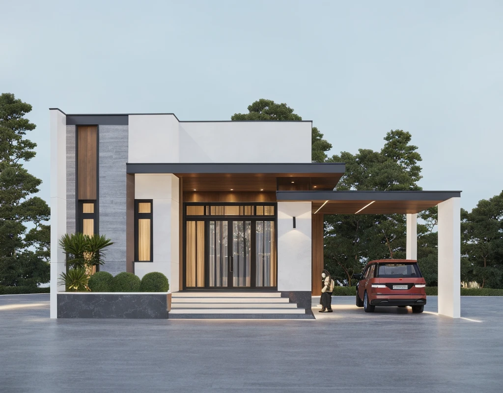 PLATFORM KTHOUSE, 1 morden villa, main material of villa about build color wall:1.2 glass panel:1.1 and stone:1.2, 1large yard, 1 road runs in front of the house, (RAW photo, real, best quality, masterpiece:1.2), look morden minimalist, 1 road in front of the house, dynamic lighting:1.3, (hyper realistic, photo-realistic:1.2), high quality, (dark lighting:1.2), perfect lighting, archdaily, no human