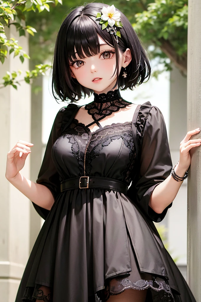 Black Hair Handsome short hair Girl Dark Eyes Flower Hair Ornaments Black dress Mountain Park