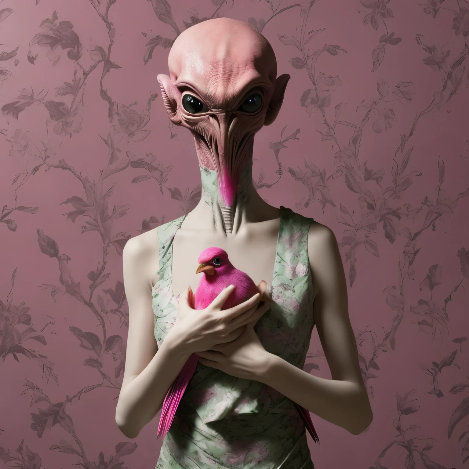 professional photo.
close-up.
An alien is holding a beautiful pink bird on a background of floral wallpaper. night.
horror. apocalypse.
UltraHD.