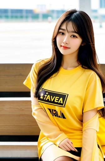 [an ultra-realistic Asian woman at Seoul International Airport], oval face shape, black hair color with brown streaks, medium long wavy hair, 25 years old, (wearing a yellow and black short-sleeved oversized t-shirt with a logo, black tights, premium snickers white), middle layered haircut, bell shaped breasts