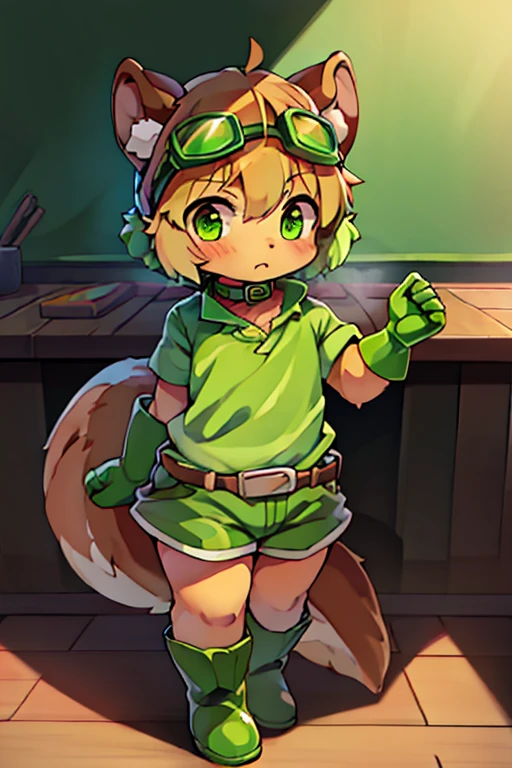 boy, squirrel, furry, bodyfur, tail, green goggles, green collar, green bra, bottomless, green gloves, green boots, chibi, sparkling eyes, green headphones, small penis, testicles, pokemon