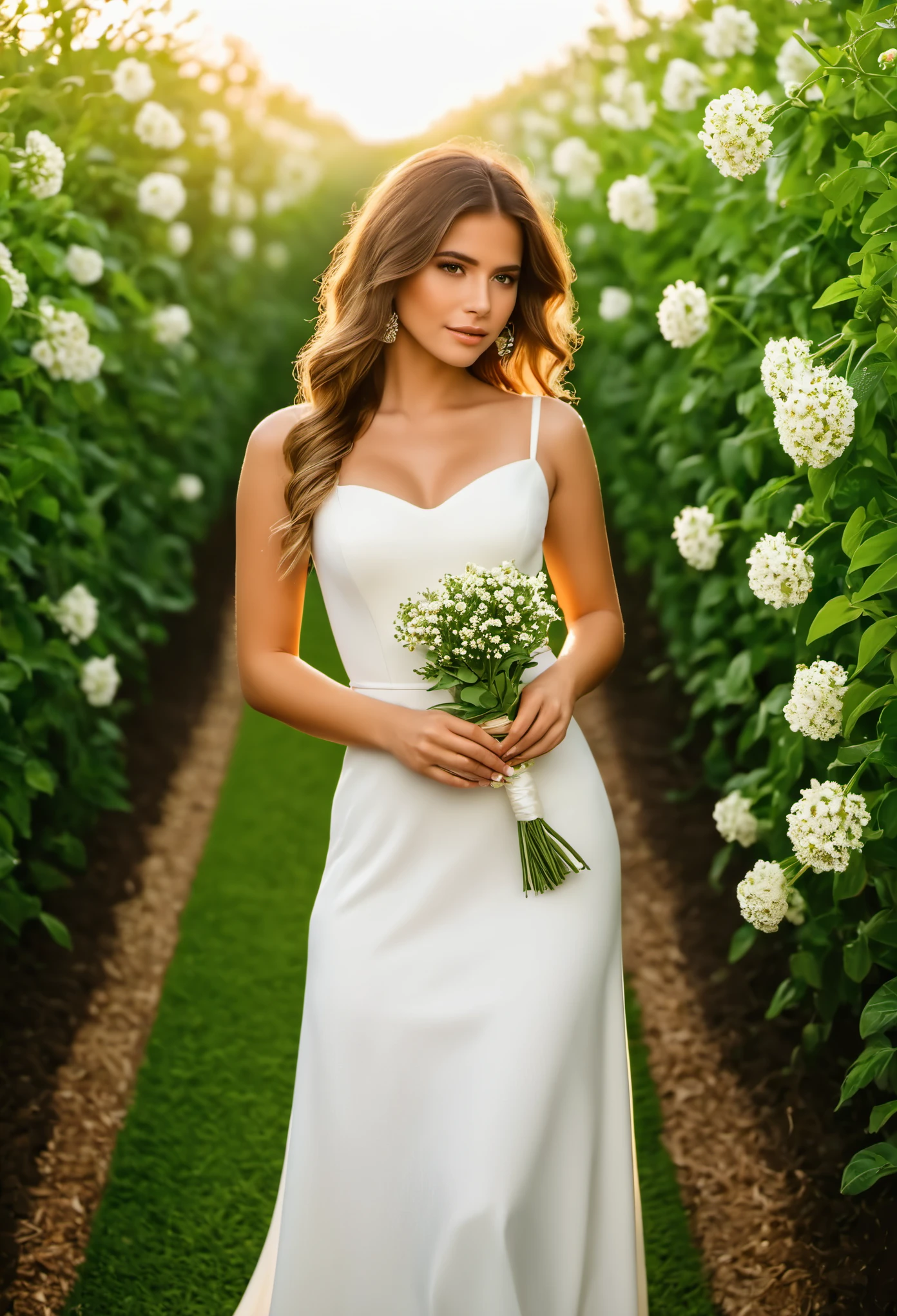 (Obra maestra, mejor calidad),1 chica con pelo largo y blanco sentada en un campo de plantas y flores verdes, su mano debajo de su barbilla, warm lighting, vestido blanco, primer plano borroso