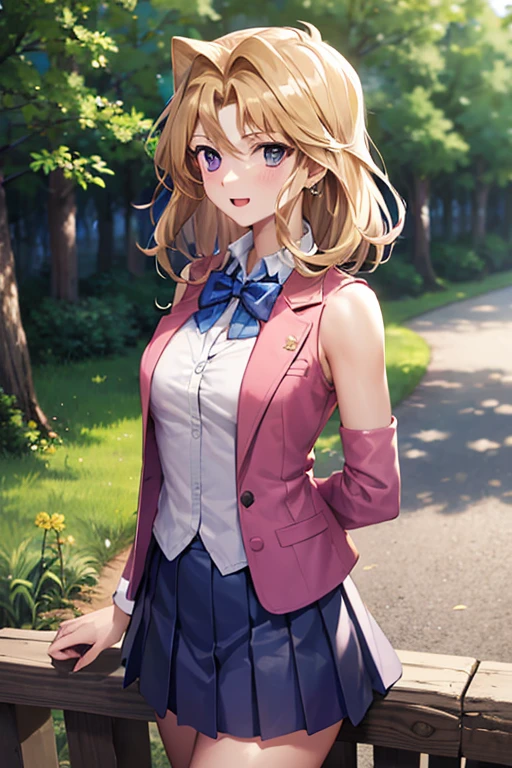 masterpiece, best quality, highres, 1girl, solo, aamazaki, (antenna hair:1.2), medium breasts, blue bowtie, pink jacket, blazer, long sleeves, blue skirt, pleated skirt, mai valentine, blonde hair, purple eyes, purple sleeveless jacket, detached sleeves, purple skirt happy, cowboy shot, outdoors, forest 