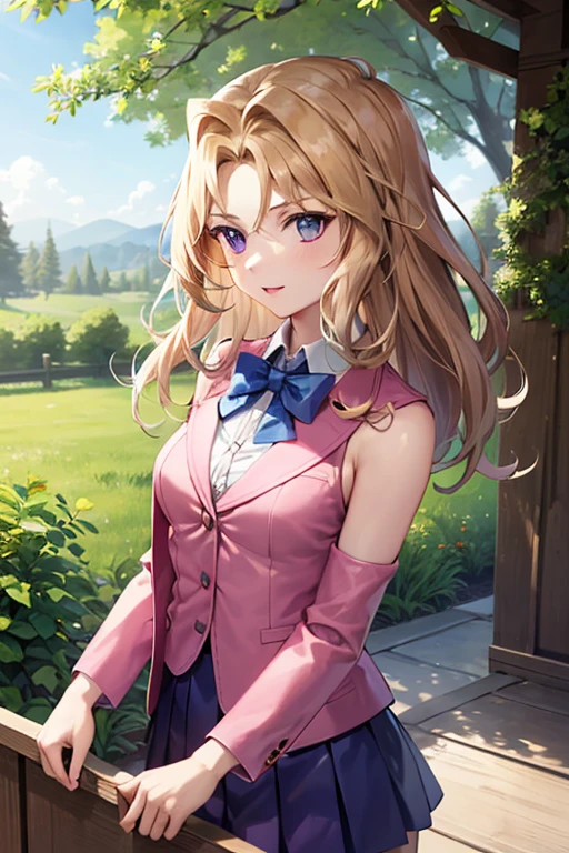 masterpiece, best quality, highres, 1girl, solo, aamazaki, (antenna hair:1.2), medium breasts, blue bowtie, pink jacket, blazer, long sleeves, blue skirt, pleated skirt, mai valentine, blonde hair, purple eyes, purple sleeveless jacket, detached sleeves, purple skirt happy, cowboy shot, outdoors, forest 