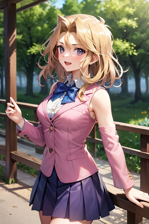 masterpiece, best quality, highres, 1girl, solo, aamazaki, (antenna hair:1.2), medium breasts, blue bowtie, pink jacket, blazer, long sleeves, blue skirt, pleated skirt, mai valentine, blonde hair, purple eyes, purple sleeveless jacket, detached sleeves, purple skirt happy, cowboy shot, outdoors, forest 