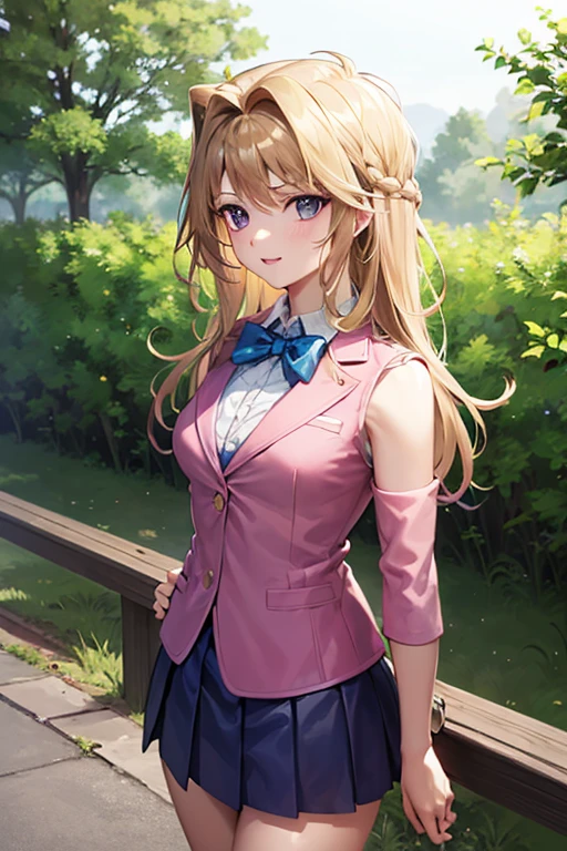 masterpiece, best quality, highres, 1girl, solo, aamazaki, (antenna hair:1.2), medium breasts, blue bowtie, pink jacket, blazer, long sleeves, blue skirt, pleated skirt, mai valentine, blonde hair, purple eyes, purple sleeveless jacket, detached sleeves, purple skirt happy, cowboy shot, outdoors, forest 