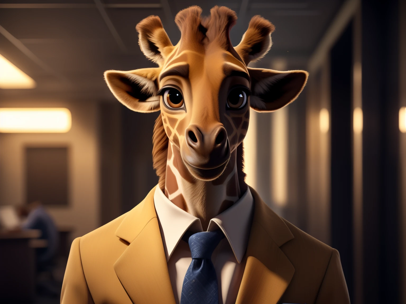 portrait, (full body portrait:2), Cinematic, 4K, lighting, realism, film style, Beautiful, Sharp Focus, epic, looking at the camera, (young giraffe), with social suits, office worker, smille, bright eyes
