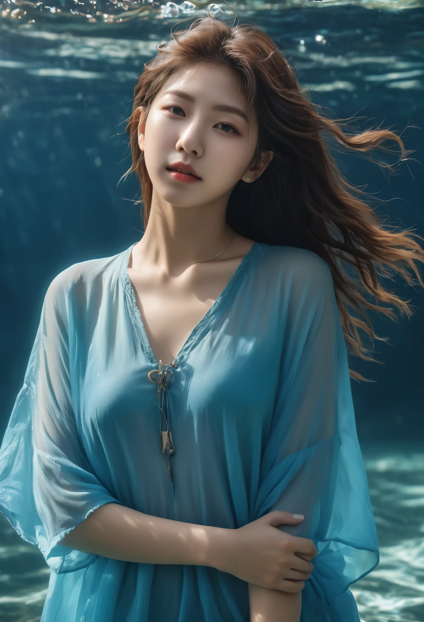 Namjoon, inmersiones bajo el agua, loose and short tunic, textura de piel detallada, hermoso mar azul, Sunlight flows through the water, cabello mojado que fluye, Dream atmosphere, vibrante mundo submarino, (8k, foto cruda, mejor calidad, Obra maestra:1.2),(realista, photo-realista:1.37),